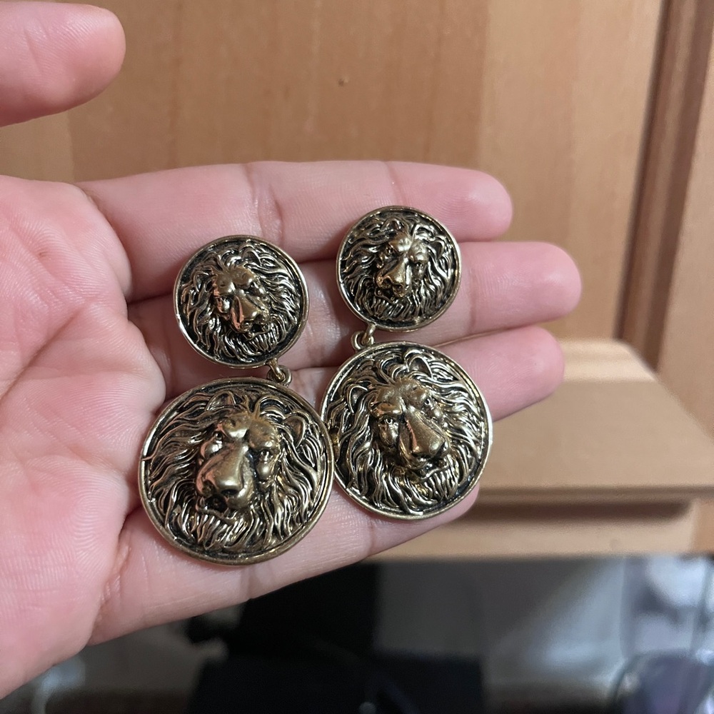 Gold Lion Head Drop Earrings